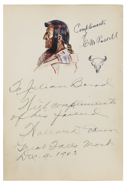 Charles M. Russell Original Watercolor of a Blackfoot Native American, Complete With His Buffalo Skull Emblem